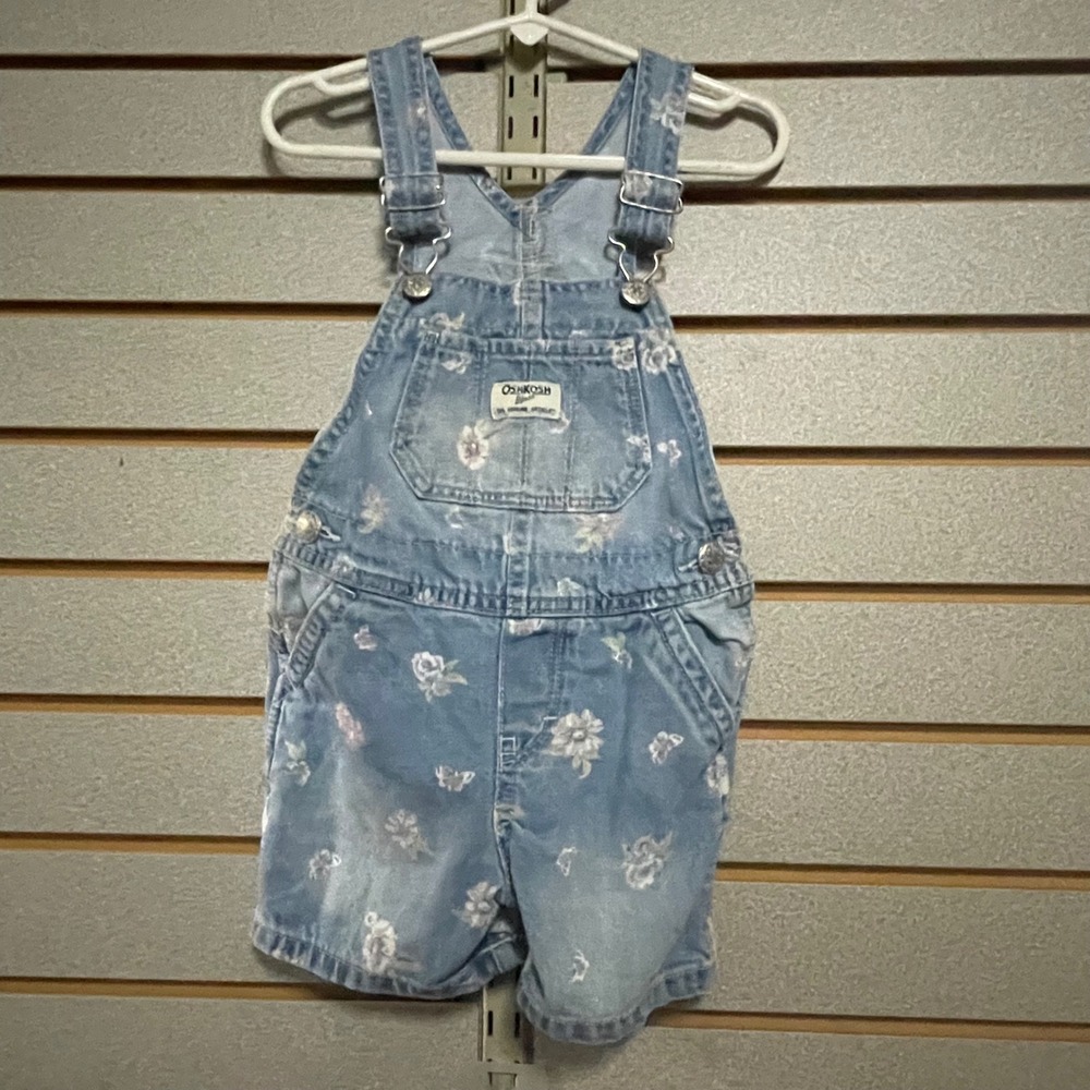 OshKosh B'gosh Toddler Girls 3T Floral Denim Shortalls Light Wash Blue Overalls